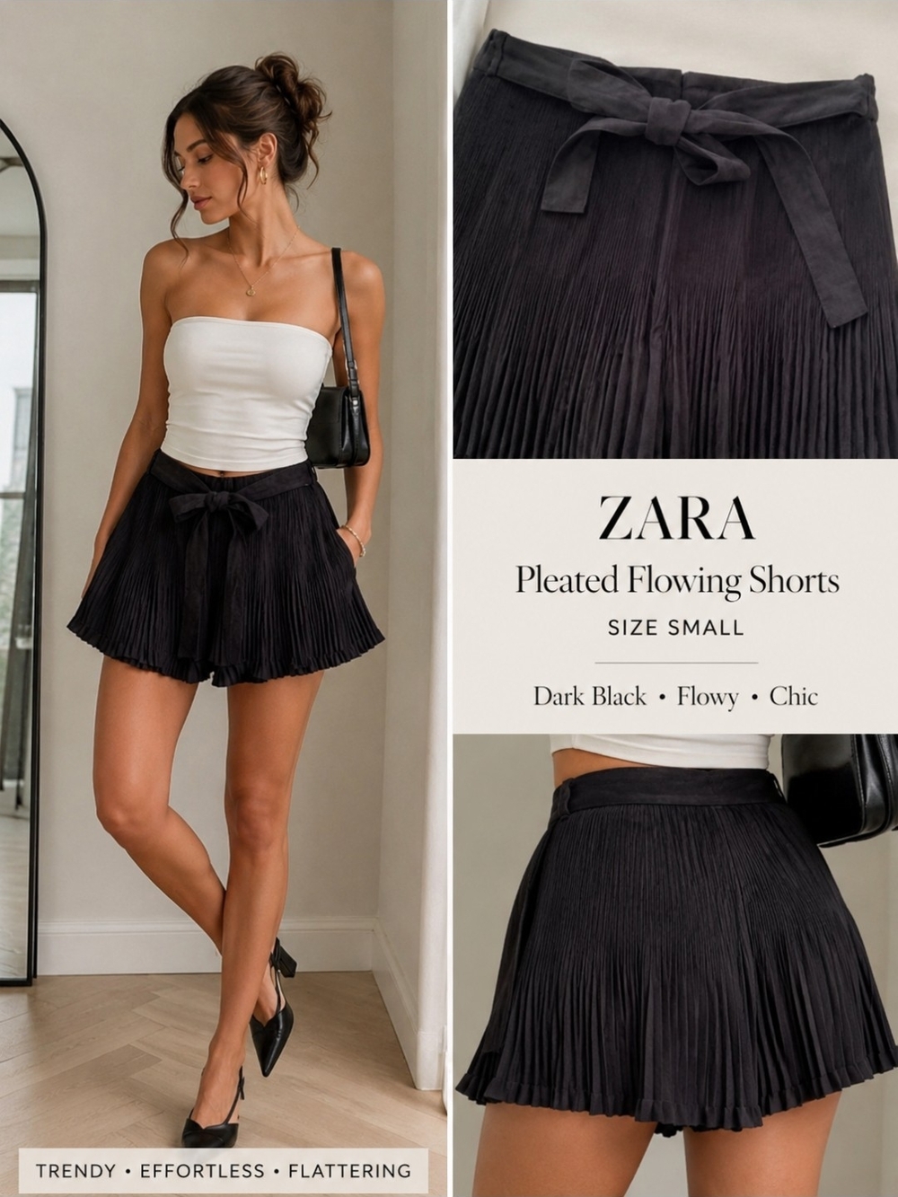 ZARA Black Pleated Flowy Shorts with Self-Tie Waist 🖤 - Picture 1 of 4